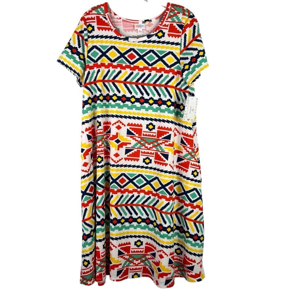 LuLaRoe Jessie Dress Women's S Red Yellow Green Floral Aztec Tribal Pockets